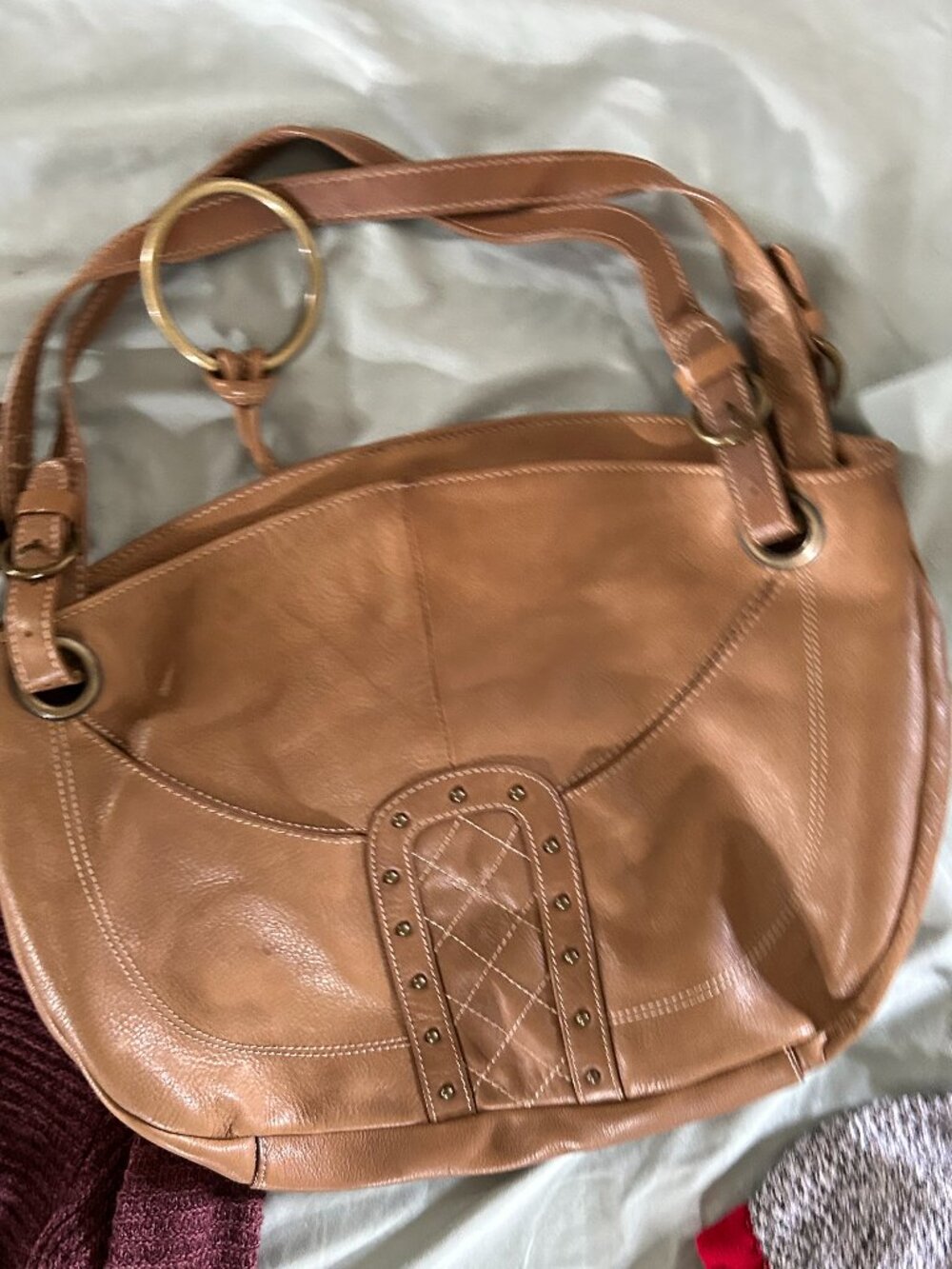 Luce Cognac   Leather Hobo Shoulder Bag Gold Ring Hardware Brown tan
